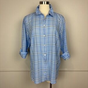 J. Jill Cotton Button Up Shirt Size L Blue White Plaid Lightweight Tunic Preppy